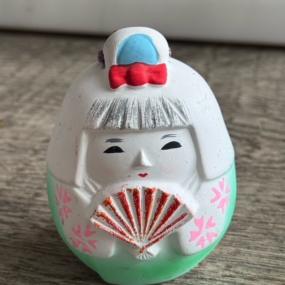 Handcrafted Daruma Japanese Doll Figurine - White and Green good luck